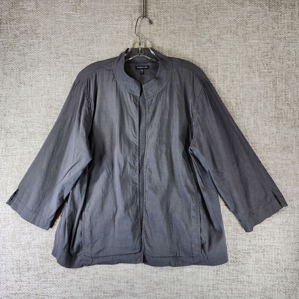 Eileen Fisher Linen Blend Open Front 3/4 Sleeve Jacket Womens XL Dark Gray